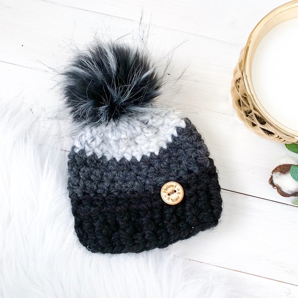 Baby Hat, Black, grey, white, ombre, Faux Fur pompom, Mommy & Me, Toque, Winter - Picture 1 of 4